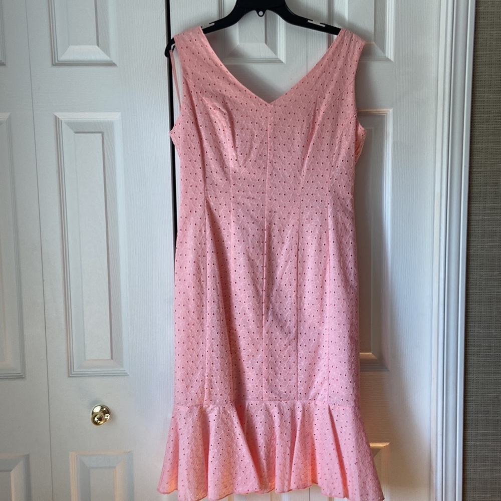 Unworn,like new, never fit me, pink lacy eyelet sheath dress with kicky pleats